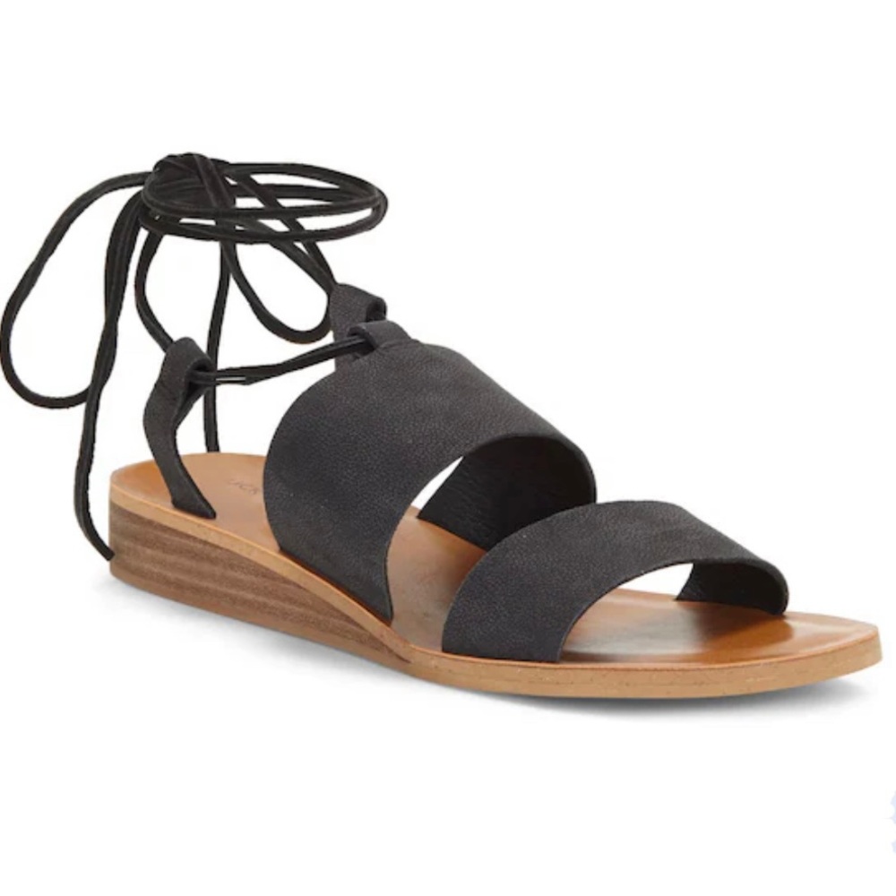 Lucky Brand black leather wraparound ankle tie sandals women Size 6 1/2M